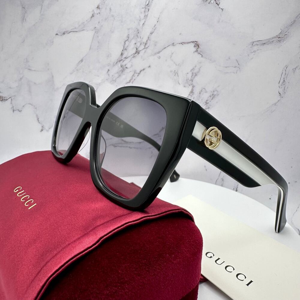 New GUCCI Sunglasses Black Square Gold Metal GG Web Arms Womens Authentic Gucci - Picture 11 of 16